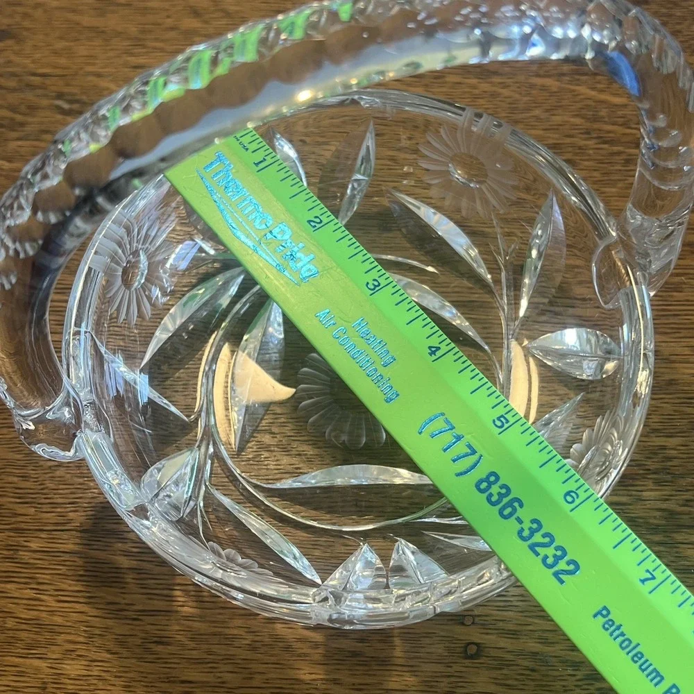 Crystal Clear Vintage Glass Basket Bowl Oval Cut Glass Floral 1970s Decorative